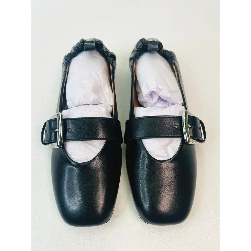 Ganni Black Leather Wide Buckle Ballerina Flats Square Toe S3117 EU 40 / US 9.5 - Picture 4 of 9